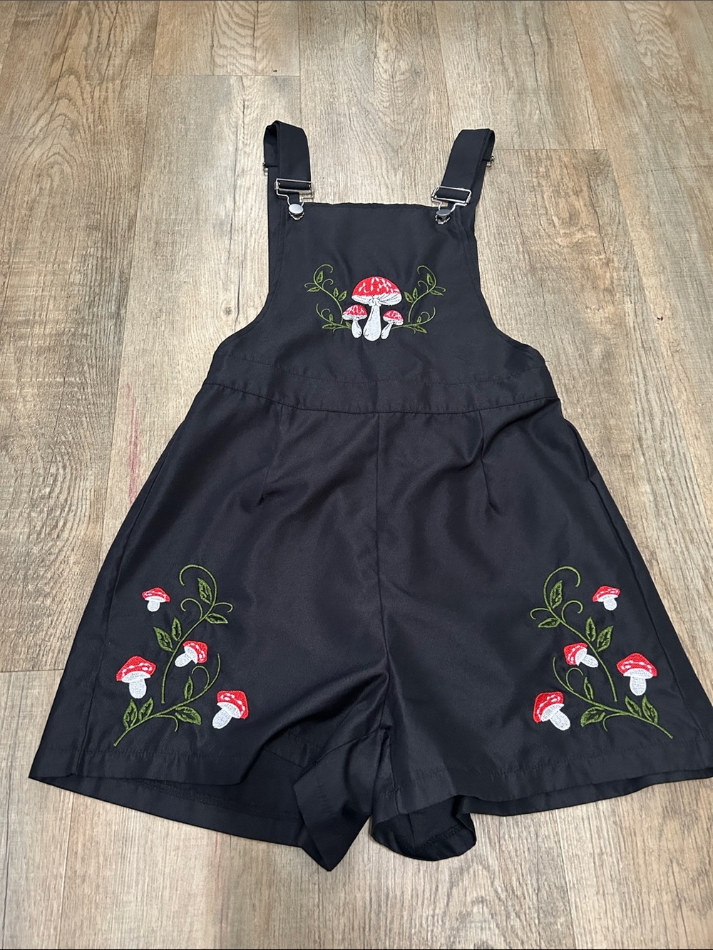 Black Mushroom Embroidered Short Overalls